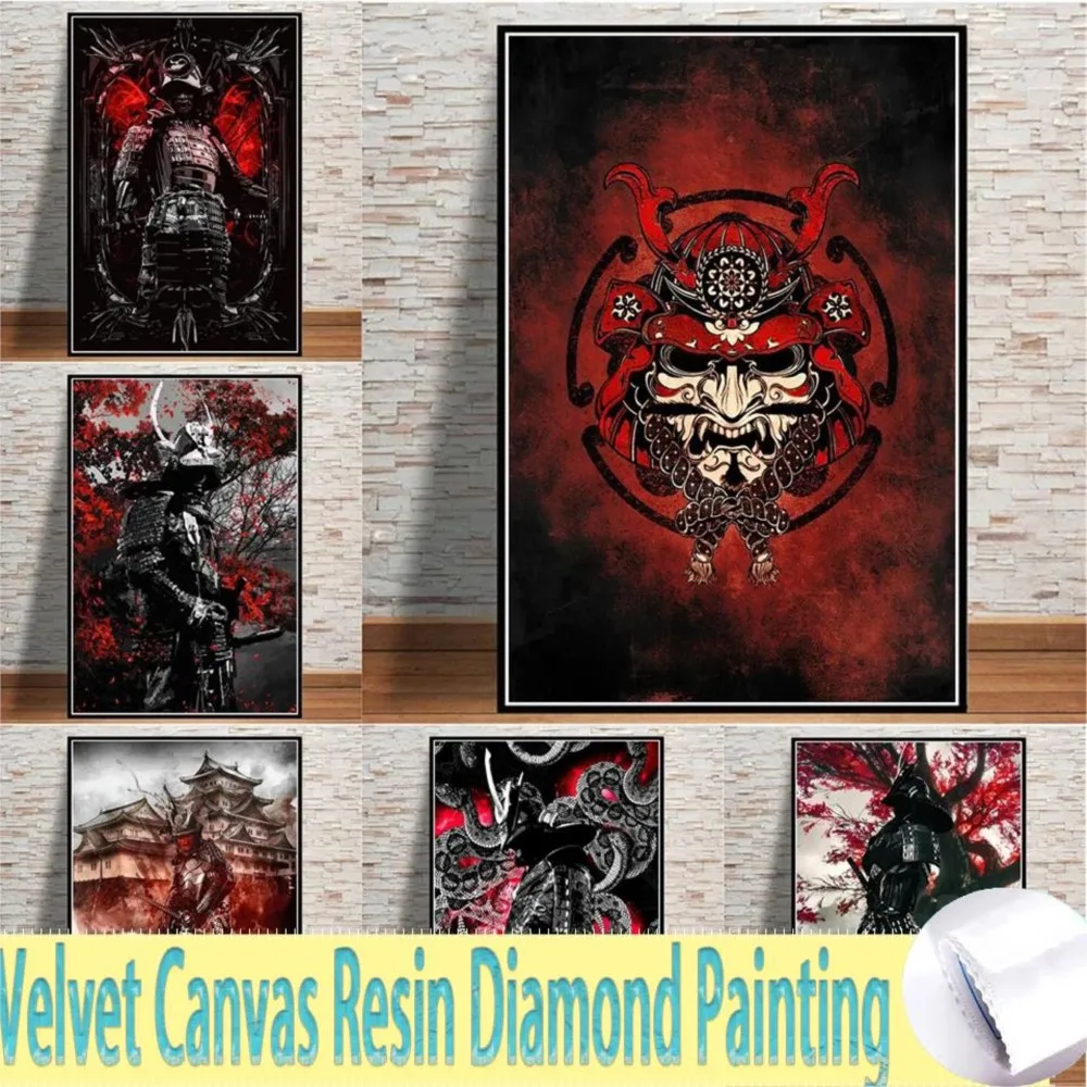 

Japanese Samurai Diamond Mosaic DIY 5D Velvet Canva Resin Diamond Painting Cross Stitch Kits Black And Blood Wall Art Home Decor
