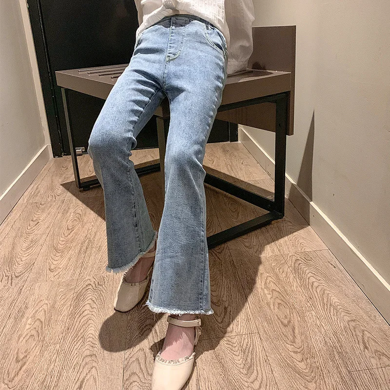 New Spring Summer Teens Girl Clothes Denim Jeans Fashion Patchwork Harajuku Tight flared Pant Child High Elastic Waist 12 years