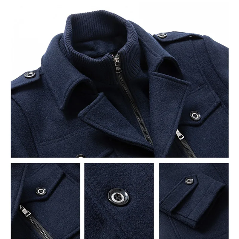 Winter Men\'s Thick Jacket, Business Casual Outwear, Asian Size Coat, Multiple Pockets Wool & Blends