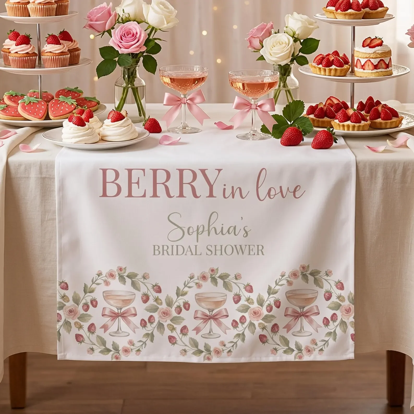 

Дорожка на стол для девичника «Berry in Love», украшения для девичника с клубничной тематикой, романтические украшения для свадебного стола в саду