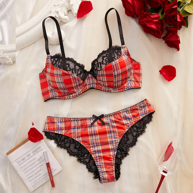 

Sensual Women Lingerie Lace Trim Red Plaid Lingerie Set Naughty Erotic Lingerie Push Up Bra Set Intimate Christmas Sexy Lingerie