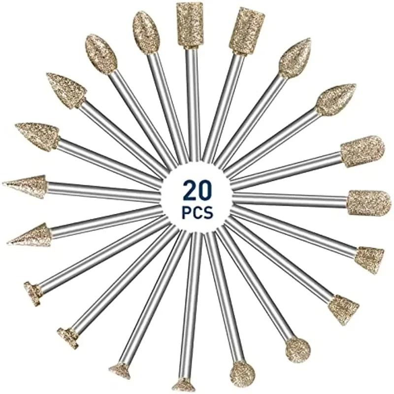 ชุดดอกสว่านขนาดเล็ก 20 ชิ้น อุปกรณ์เสริมสำหรับเครื่อง Dremel หัวเจียรเพชร สำหรับแกะสลักและเจียรหิน แก้ว หยก พร้อมก้านขนาด 3 มม.