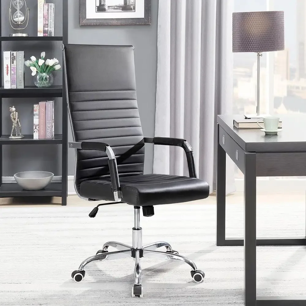 Ribbed High Back Ergonomic Swivel Leather Executive Chair, Adjustable Rolling Task Chair for Office or Conference Room (Black)