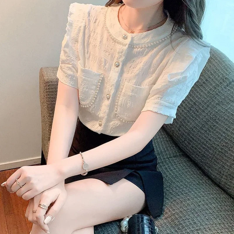 Sweet Temperament White Shirt Tops Short Sleeve O-neck Solid Color Pleated Fashion Blouse Korean Trend Women Clothing Summer New