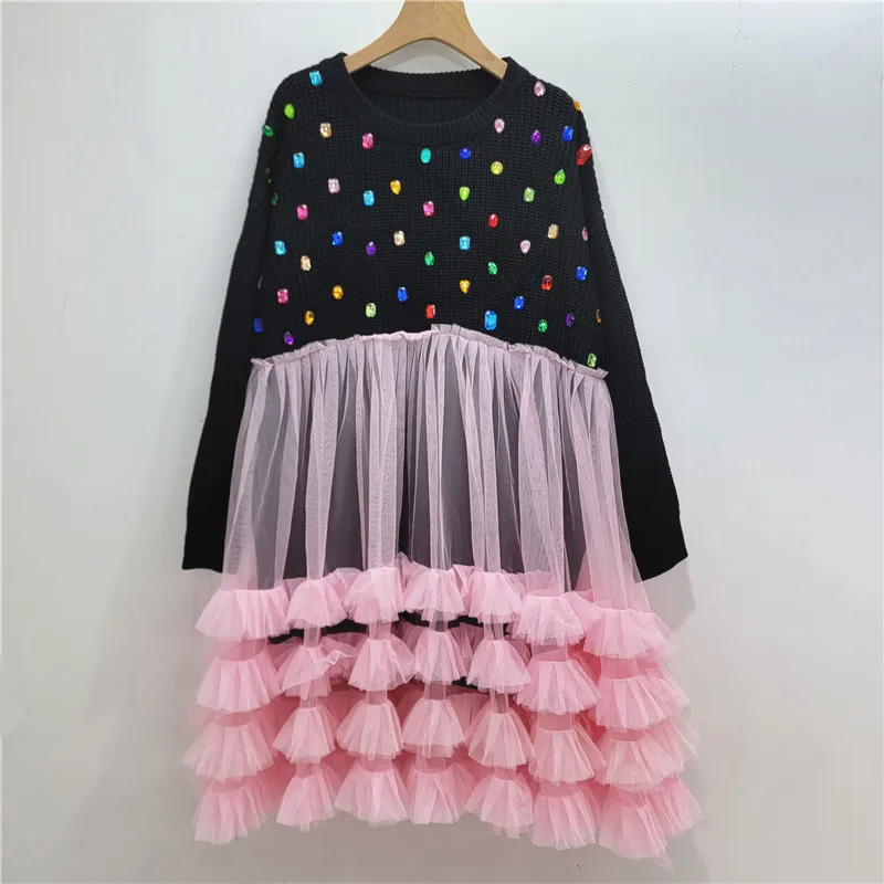 Autumn Winter New Mesh Splicing Sweater Women's Heavy Industry Color Rhinestone Loose Versatile Sweet Cake Dress Sweater Dress