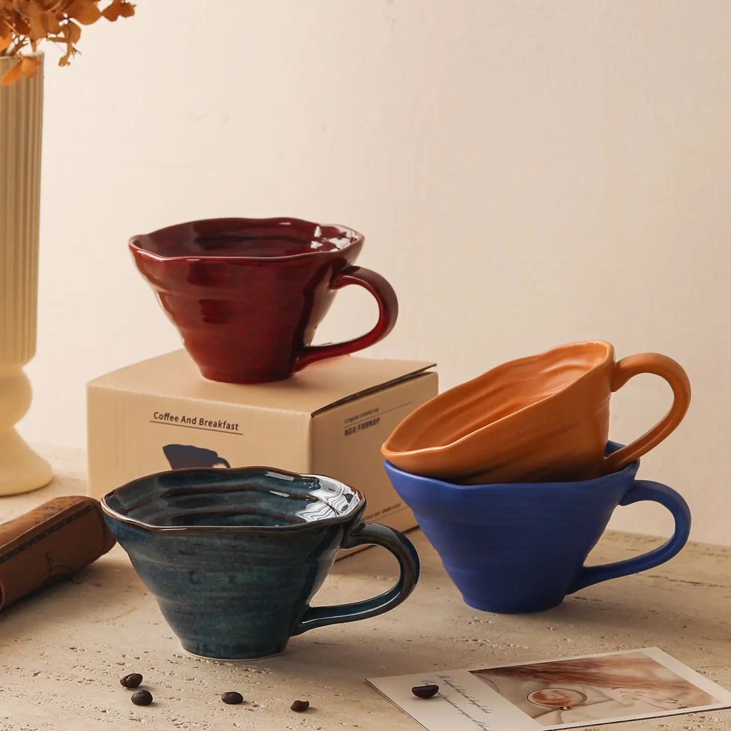 Wide mouth ceramic coffee cup with solid color glossy matte finish for home use making oatmeal milk breakfast cup with gift box