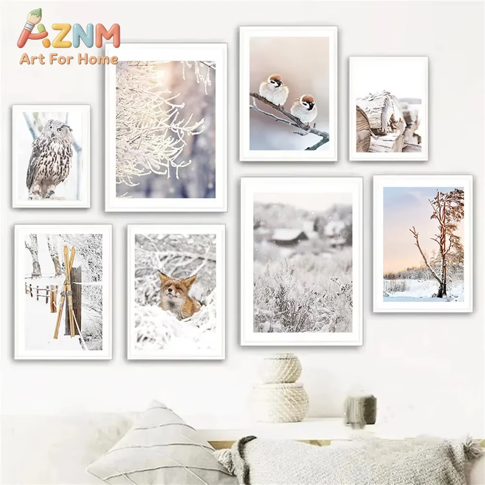 1PC Winter Snow Tree Bird Poster Nature Plant Wall Art Canvas Painting Countryside Landscape Print For Living Room Decor