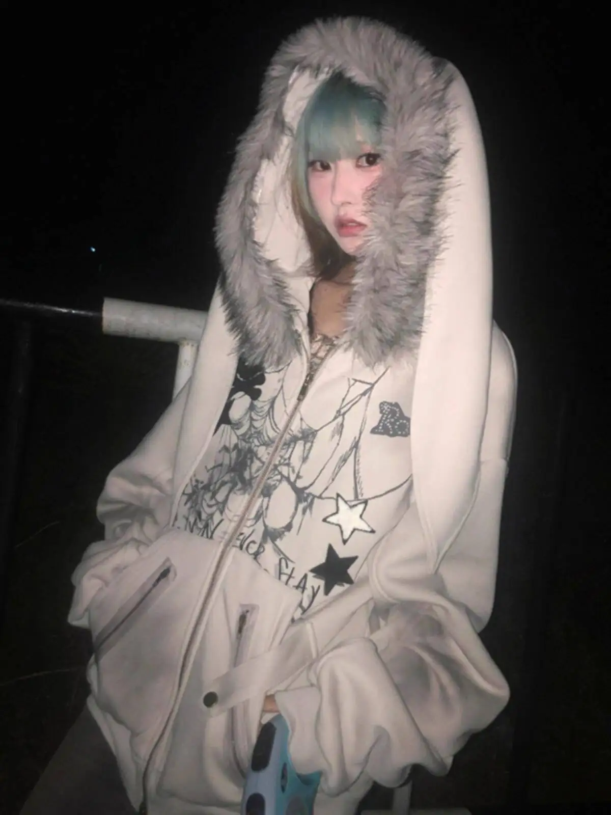 

Women's Subculture Style Hooded Coat Top Winter Autumn Fur Collar Rabbit Ears Niche Design Loose Cotton Hoodies Cardigan