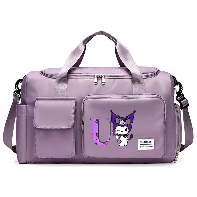 Kuromi Women Carry on Travel Bags Anime Sanrio Printed Letter Large Gym Duffle Bags with Shoe Compartment Sport Fitness Handbags