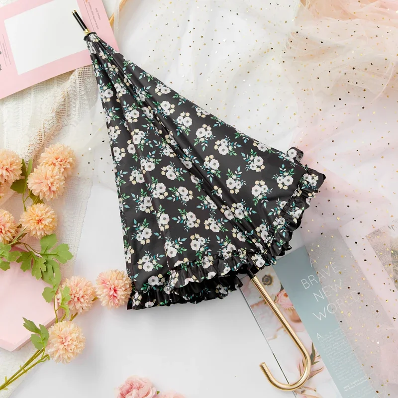 Ultra-light floral long-handled umbrella for girls, high-value weather and rain vinyl sun umbrella, sun protection and UV
