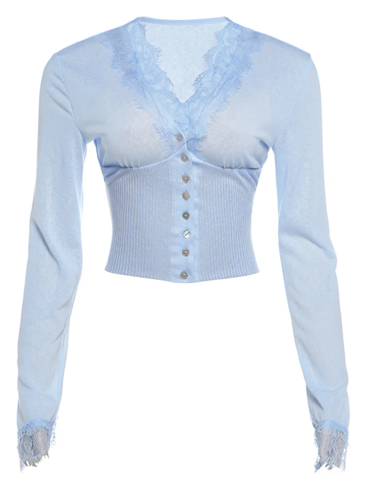 Weird Puss Spitzen-Patchwork-Strick-T-Shirt Damenmode Klassisches Einreihiges V-Ausschnitt Langarm Stretch Street Simple Chic Tess – Detail 2