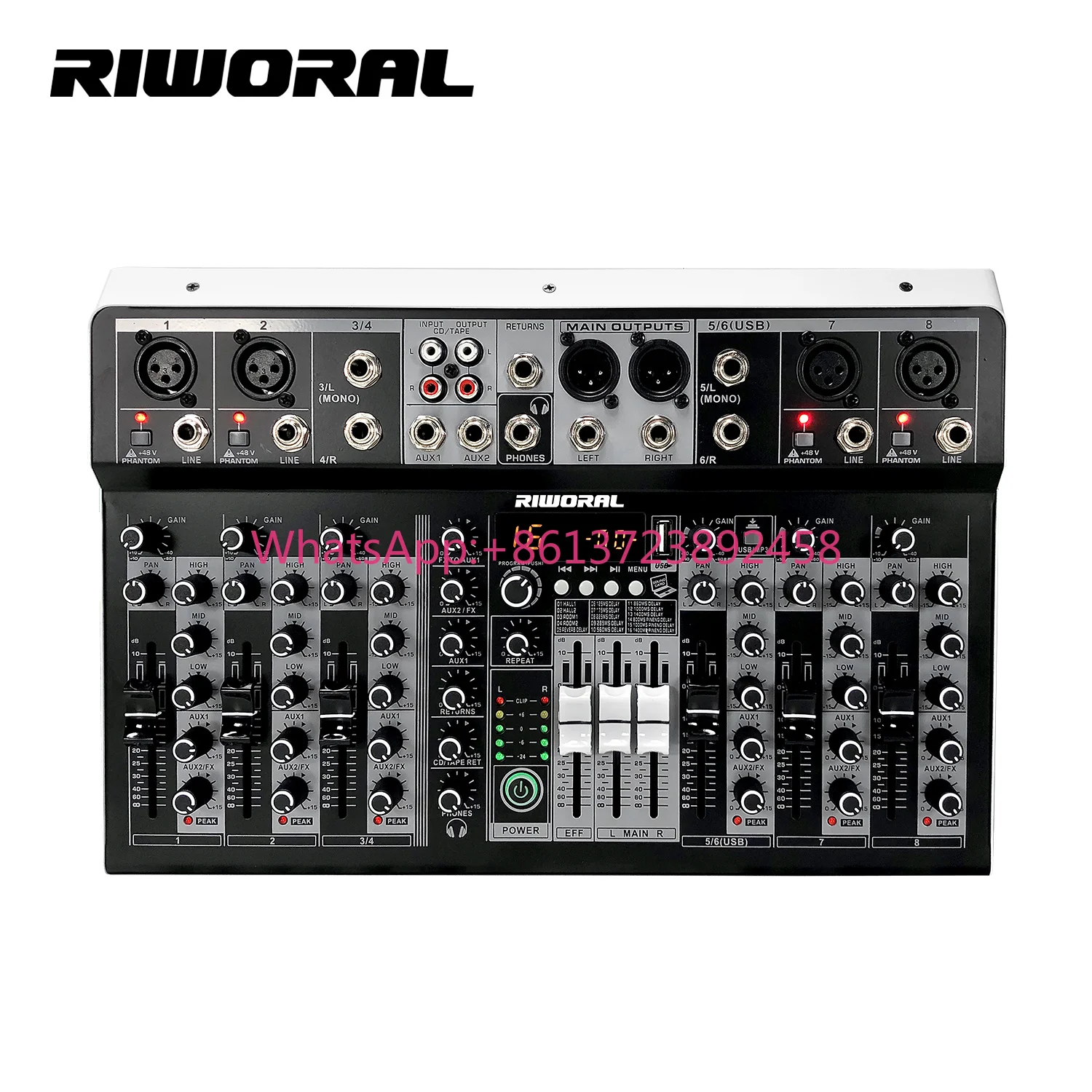 UX08 8-Channel Audio Mixer 16 Digital Reverb Effects Three-Band Equalizer with USB +48V Phantom Power Metal Mixing Console