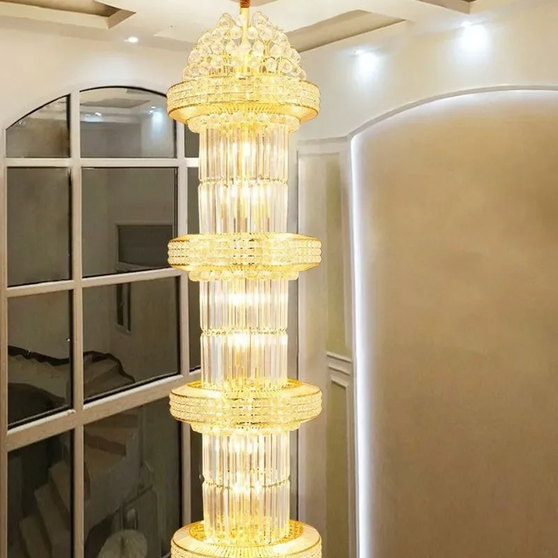 for Duplex Floor Crystal Chandelier Atmospheric Hollow Living Room Hotel Villa Lobby Rotating Staircase Long Pendant Light