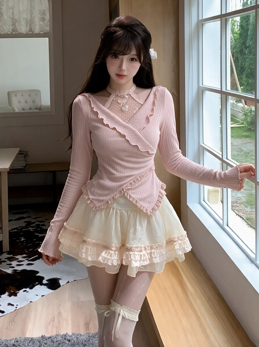 Conjunto de Falda Estilo Ballet Dulce para Mujer, Top de Manga Larga para Principios de Otoño e Invierno, Falda Esponjosa, Co...