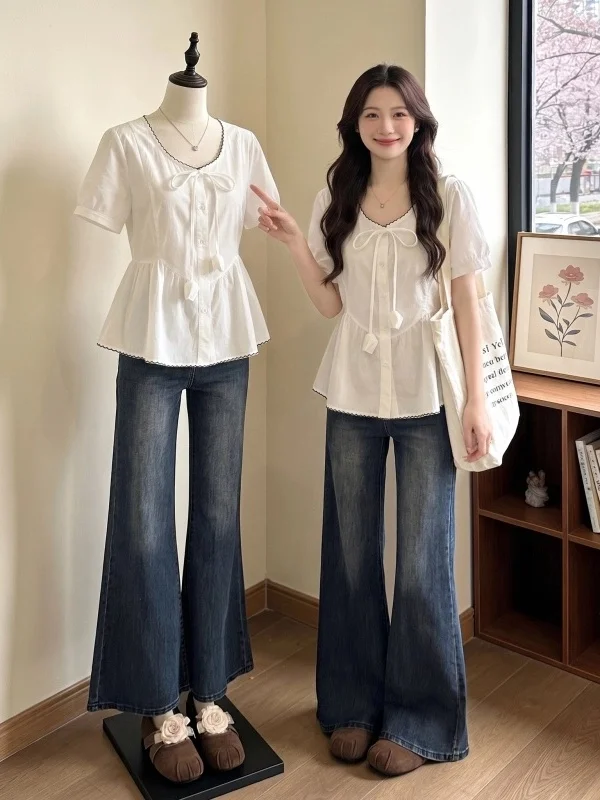 

Cute Short Sleeve Shirt Women's Korean Style Commute Wind Loose Fit round Neck Regular Sleeve Length Summer New Arrival