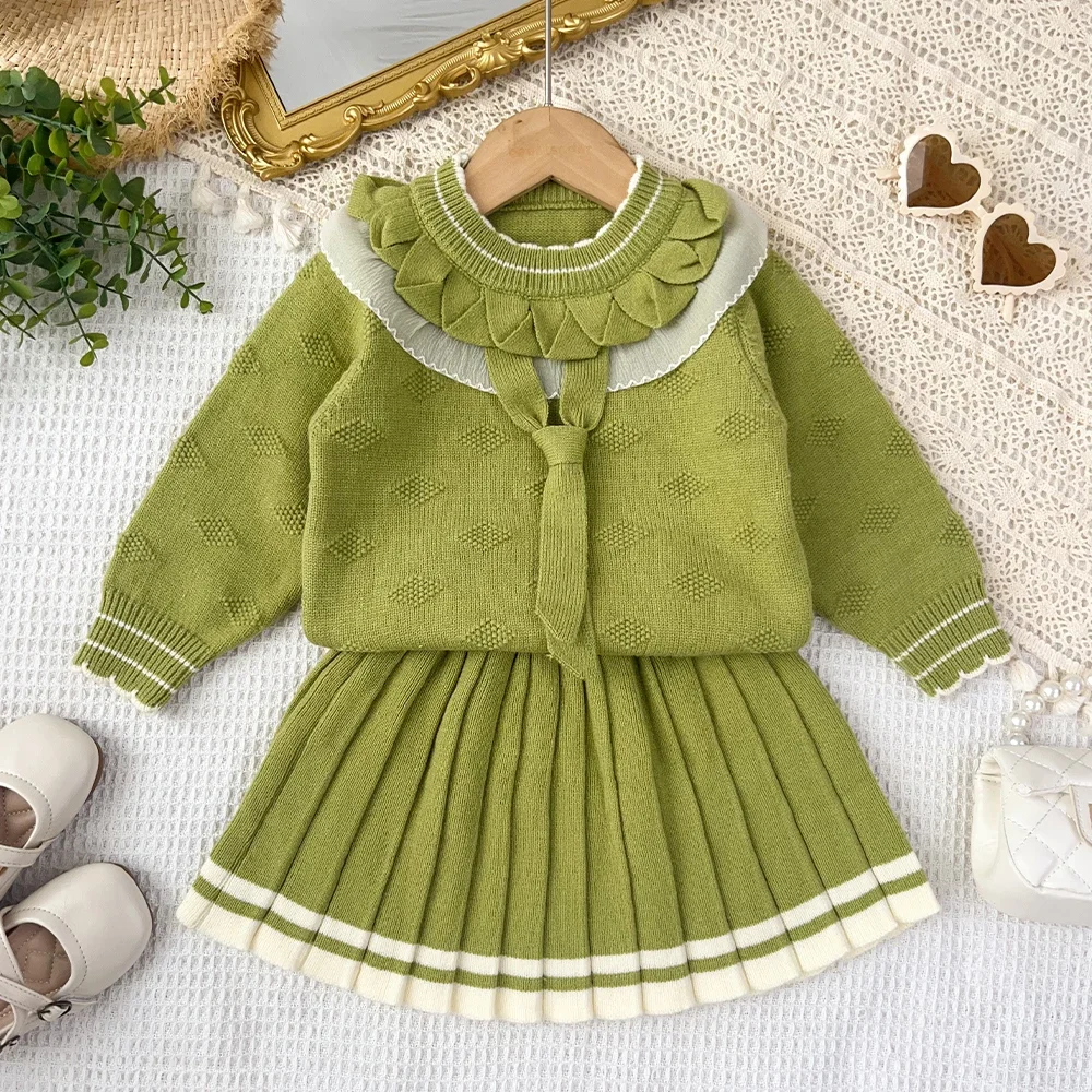 Herbst- und Winter-Set für süße Babymädchen: Gestrickter Pullover, modische Kinderkleidung, zweiteiliges Set für Mädchen, grünes langärmeliges Oberteil + Faltenrock – Detail 8