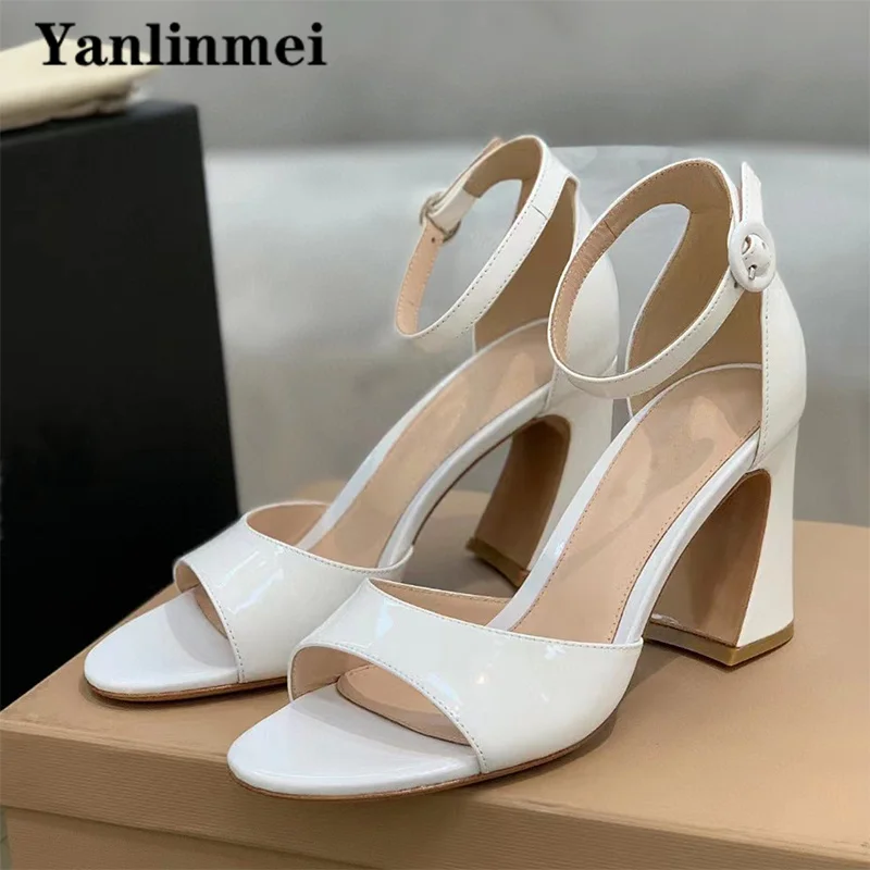 

Sexy High Heels Sandals Women Patent Leather Ankle Buckle Strap Runway Shoes Woman Summer Hoof Heels Gladiator Sandals For Women