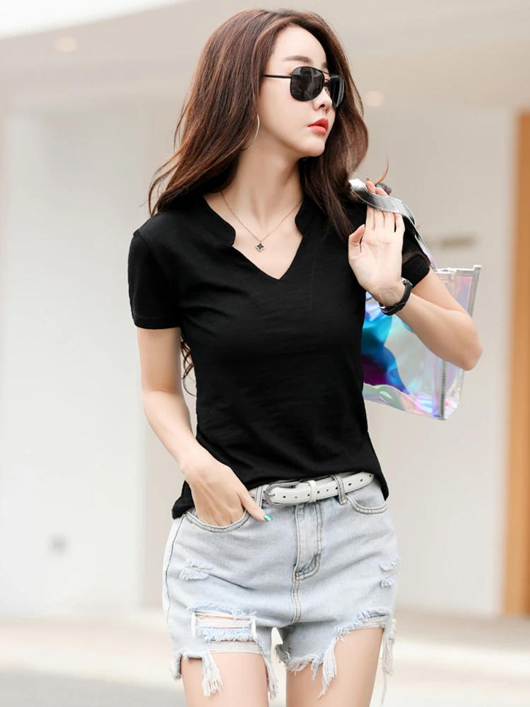 2026 Sommer Bambus-Baumwoll-T-Shirt für Damen, V-Ausschnitt, Weiche T-Shirts, Klassische Mode, Größen S-3XL, Damen-Oberteile – Detail 18