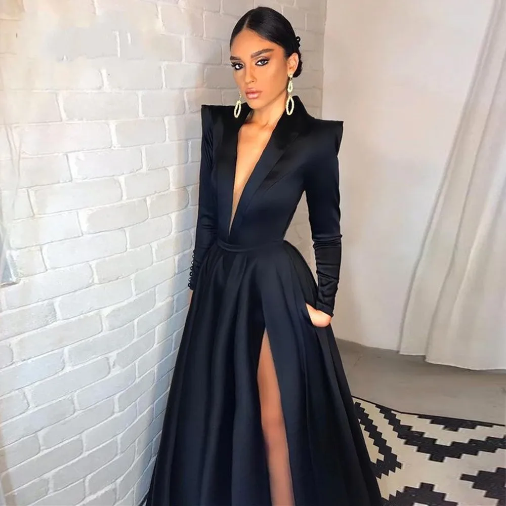 

Arabic Dubai Black Evening Dresses 2023 Side Split V-neck Long Sleeves Formal Prom Party Gowns A-line Robe De Soiree