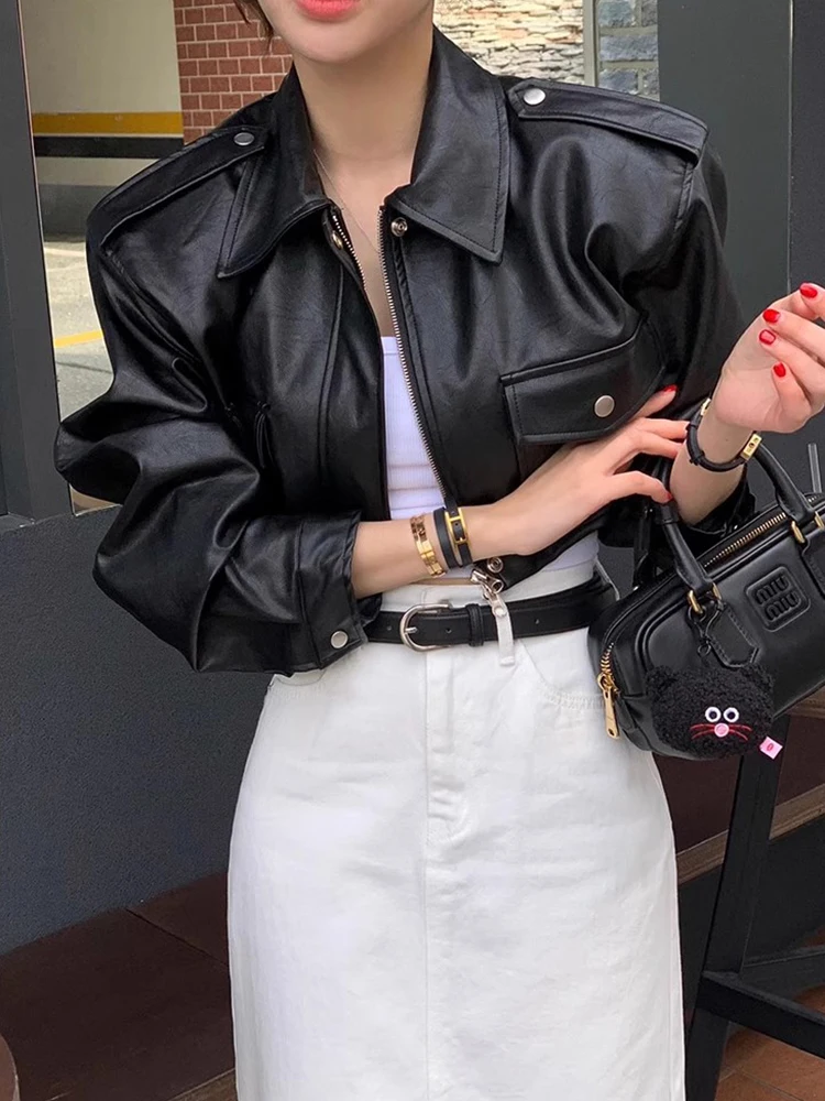 Sli outono motocicleta jaet feminino solto ajuste colarinho duplo ket ort casaco de couro do plutônio na moda comute resistente ao vento