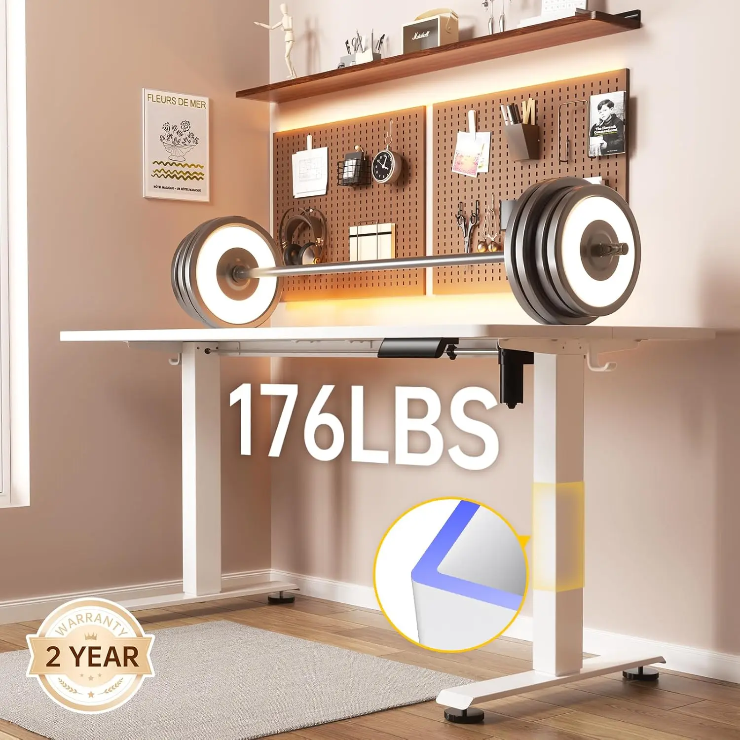 مكتب قائم قابل للتعديل مقاس 55 بوصة للمكتب المنزلي، يجلس على الارتفاع، سطح مكتب خشبي باللون الأبيض