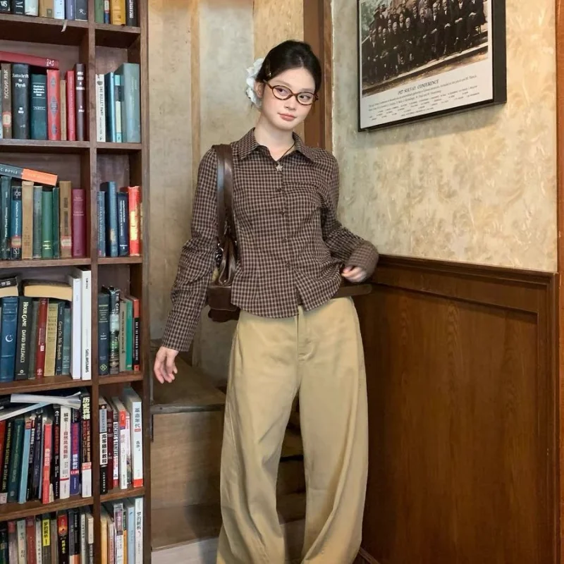 

Plaid Waist Top New Long Sleeve Autumn Design Brown Plaid Slim Fit Shirt