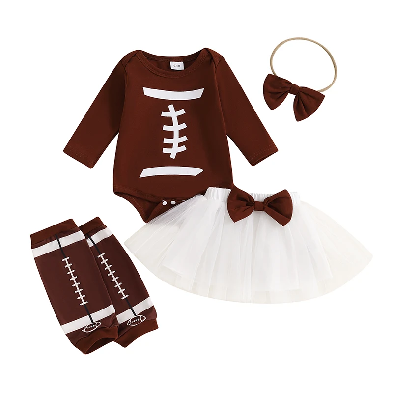 

Baby Girl Fall Outfit Football Print Long Sleeve Romper with Tulle A-Line Skirt and Bow Headband Socks Set