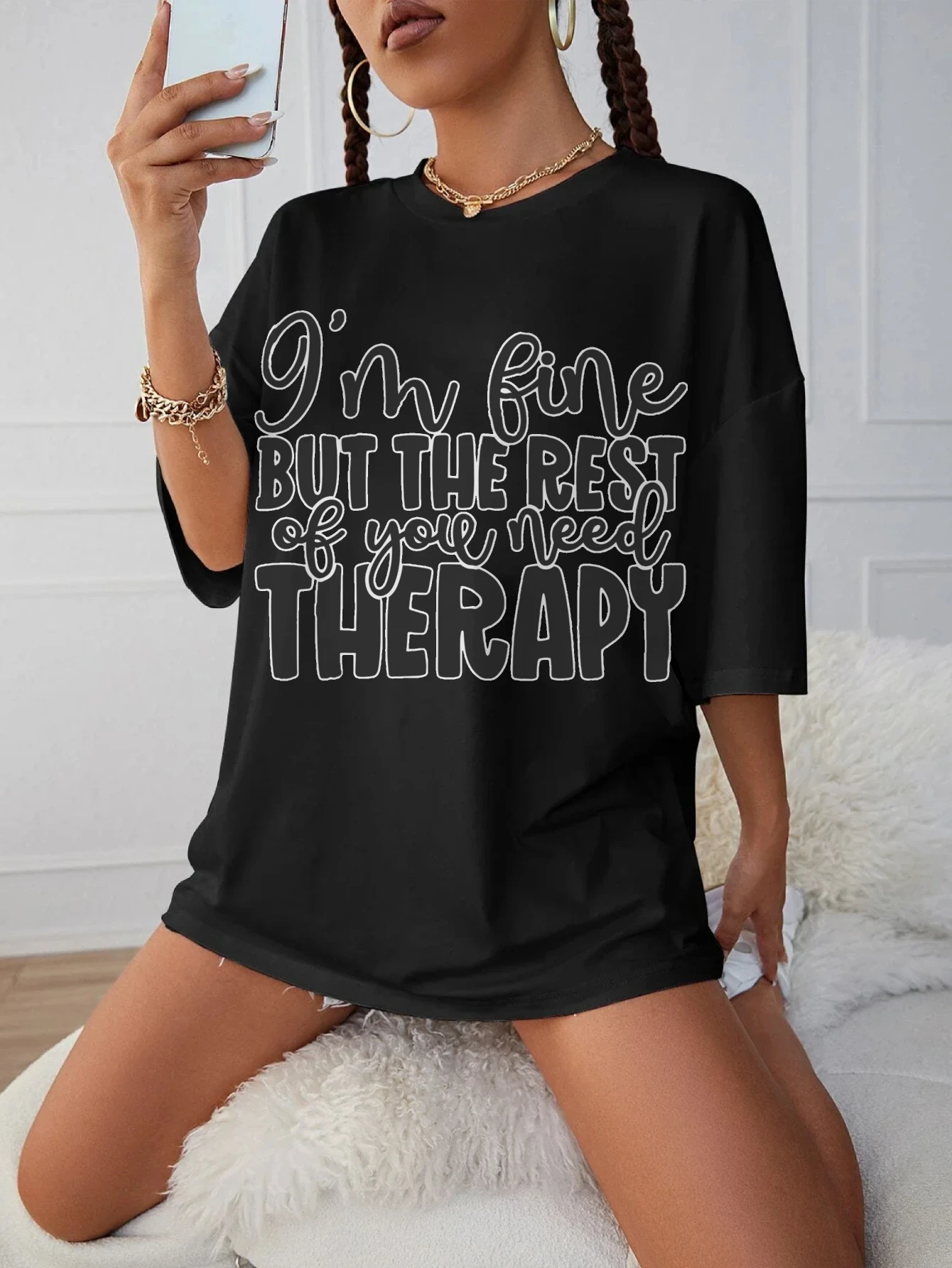 

I'm Fine But The Rest Of You Need Therapy Women's Loose Round Neck T-Shirt Comfortable Black Maternity Wear for Late Pregnancy
