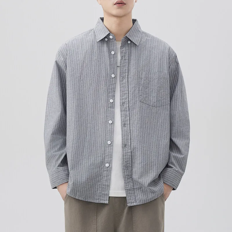 

Men Japanese Vintage Oxford Cotton Stripe Long Sleeve Loose Causal Shirt Man Spring Autumn Plus Size Commute Shirts Blouses