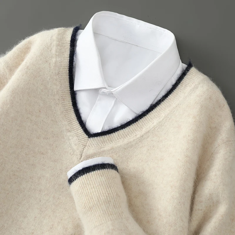 

100% Pure Mink Cashmere Knitted Sweater Men's V-Neck Color Matching Pullovers Fashion Loose Business Warm Tops Autumn Base Shirt