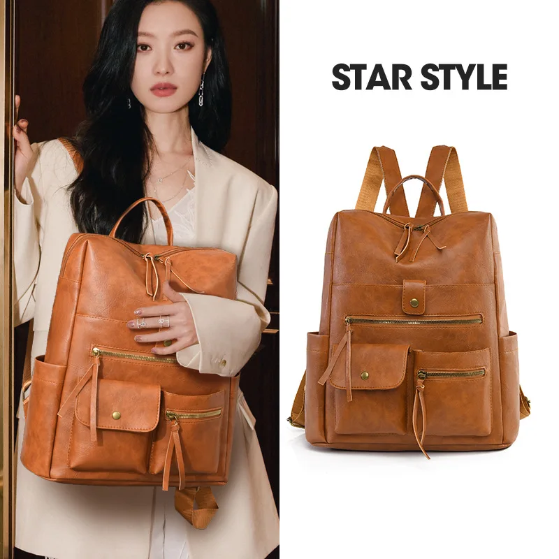 Women's PU Leather Vintage Brown Anti-Theft Backpack