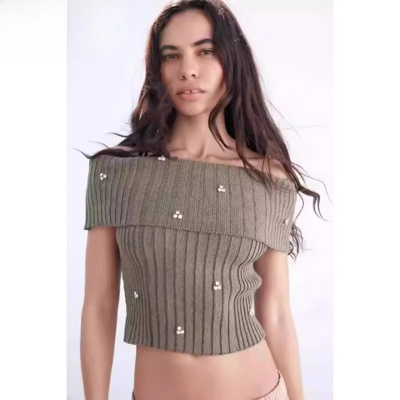 

Spring Summer 2024 Knitted Sweater Top oulder Bared One-oulder Polyester Fiber Sweet Sle Regular Length ort Sve