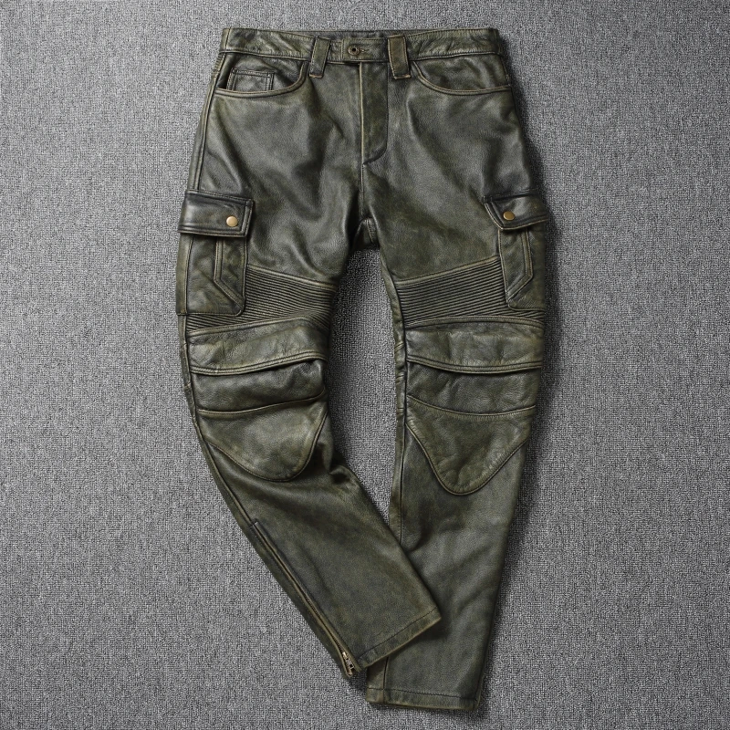 

Vintage Army Green Men Leather Pant Genuine Cowhide Motorcycle Pants Mens Leather Trousers Calca Masculina Pantalones Hombre