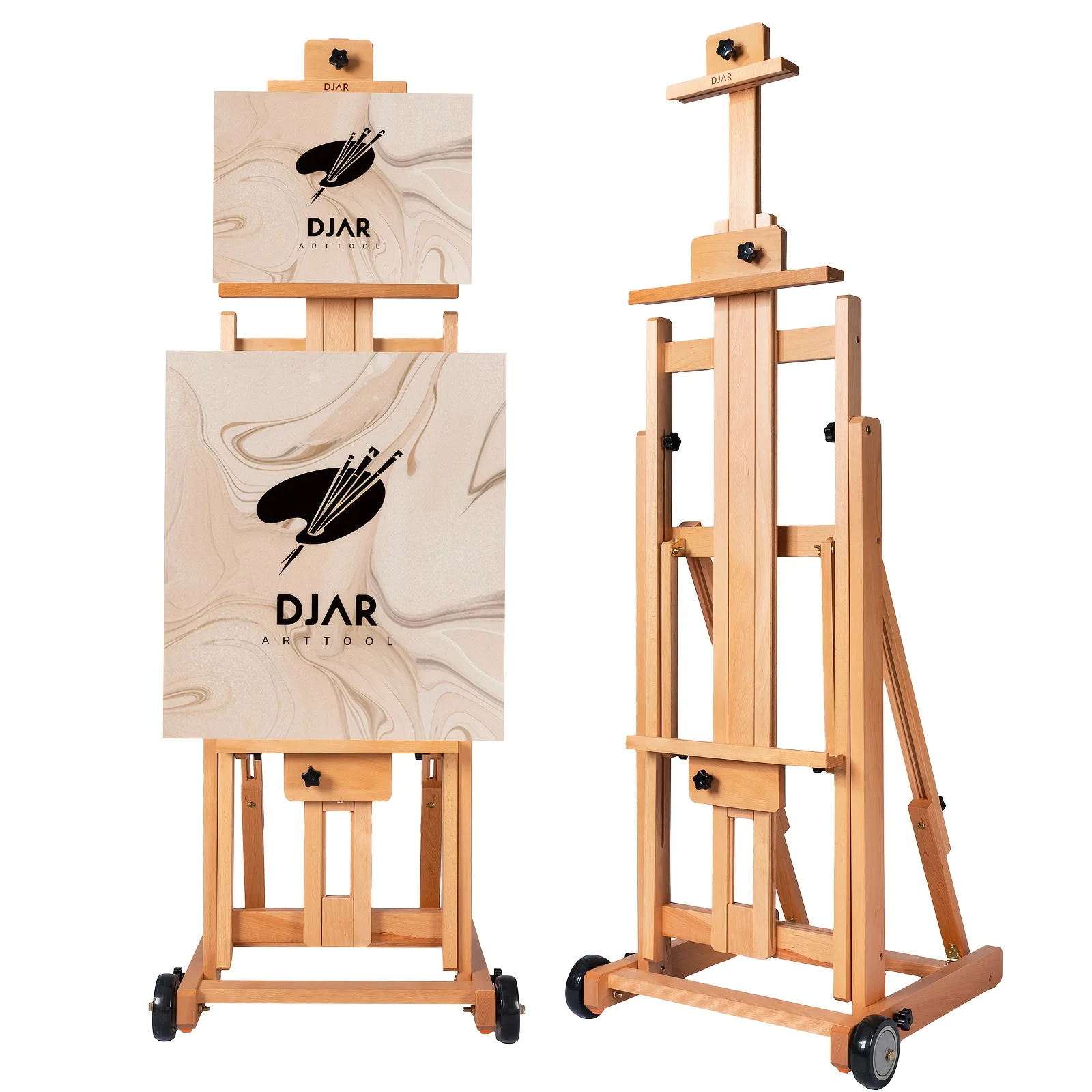 DJAR Large Rolling H-Frame Art Easel, Adjustable Solid Beech Wood Studio Painting Floor Stand with Wheels, Tilting Flat Heavy Duty Easel for Dual Canvas up to 78 Inches,Nature