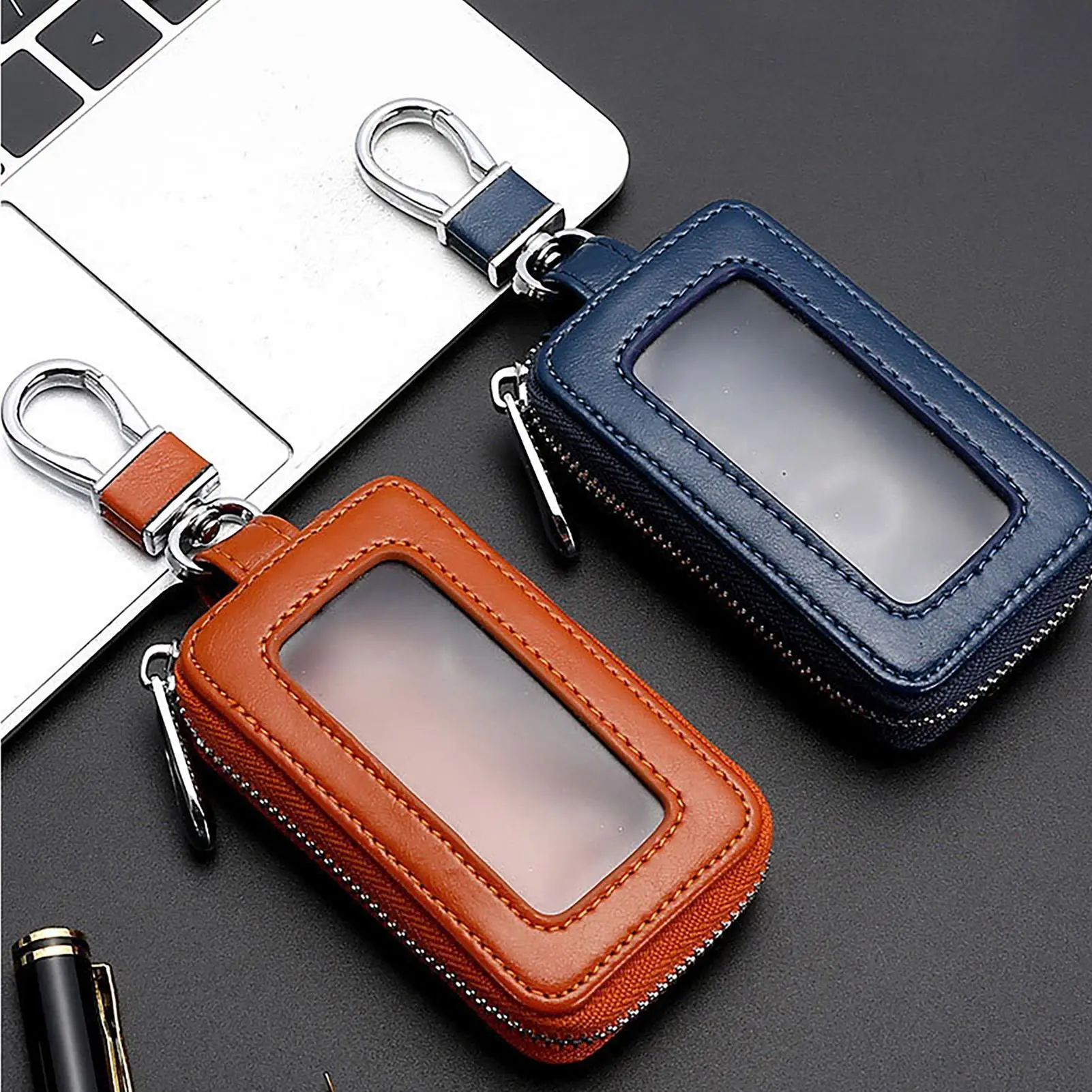 Car Key Case Key Protector Smart Key Chain Coin Holder Metal Hook And Keyring Wallet Zipper Retro Portable Bag For Auto