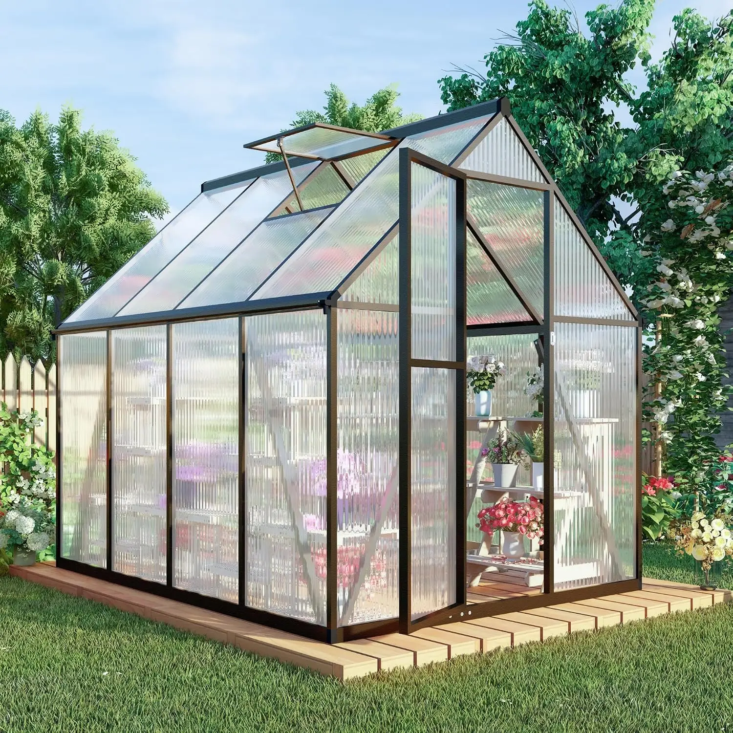 6 x 8 FT Greenhouse for Outdoors, Polycarbonate Greenhouse with Quick Setup Structure and Roof Vent, Aluminum Large Walk-in Gree