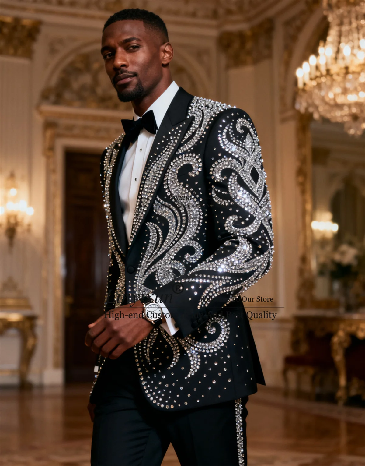 

Stunning Ornament Rhinestones Men Suits Customized Wedding Tuxedos Slim Fit Party 2 Pieces Sets Groom Male Blazers Costume Homme
