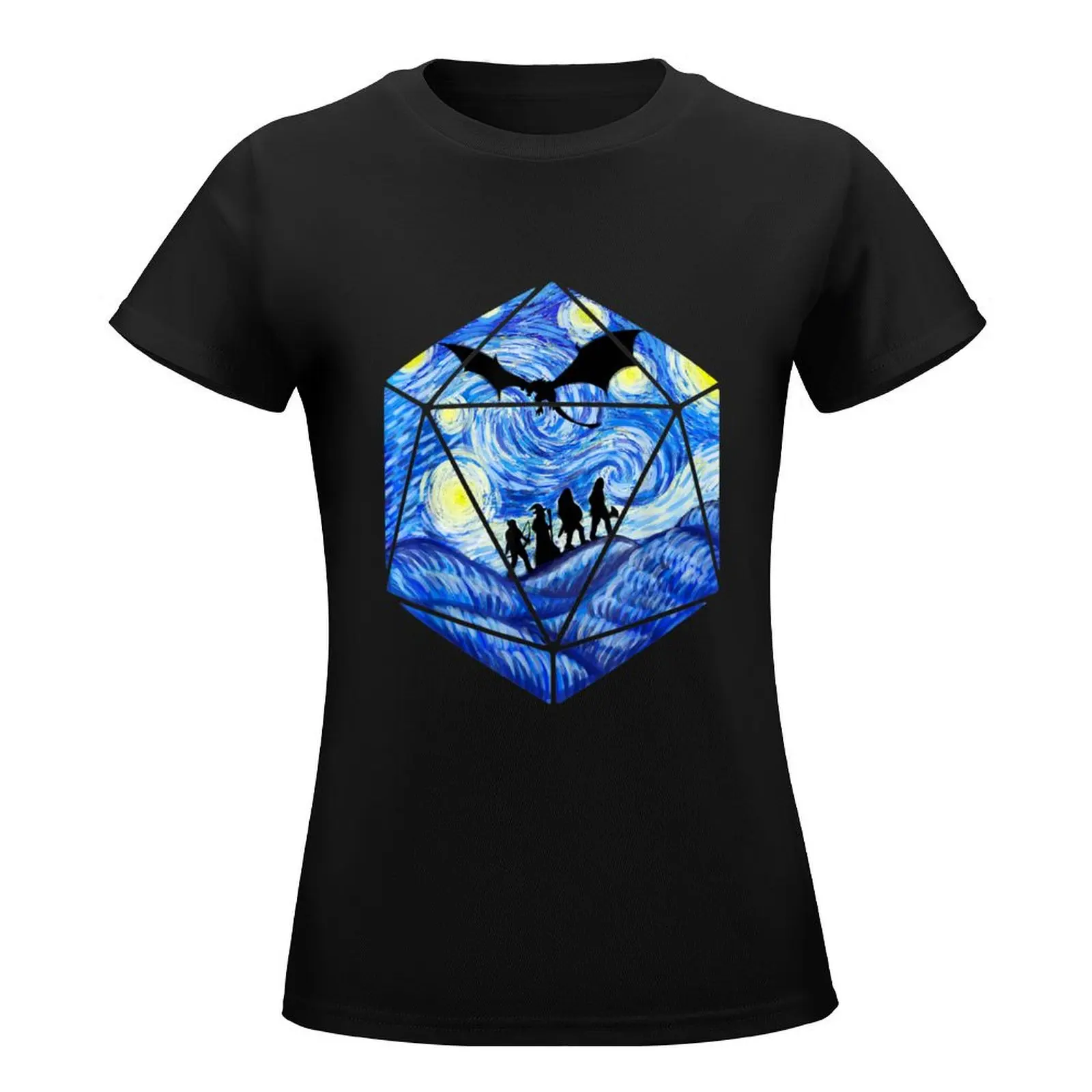 D20 Dragon Tshirt, Starry Night D20 Tee, D20 Dice Art T-Shirt hippie clothes oversized western t shirts for Women