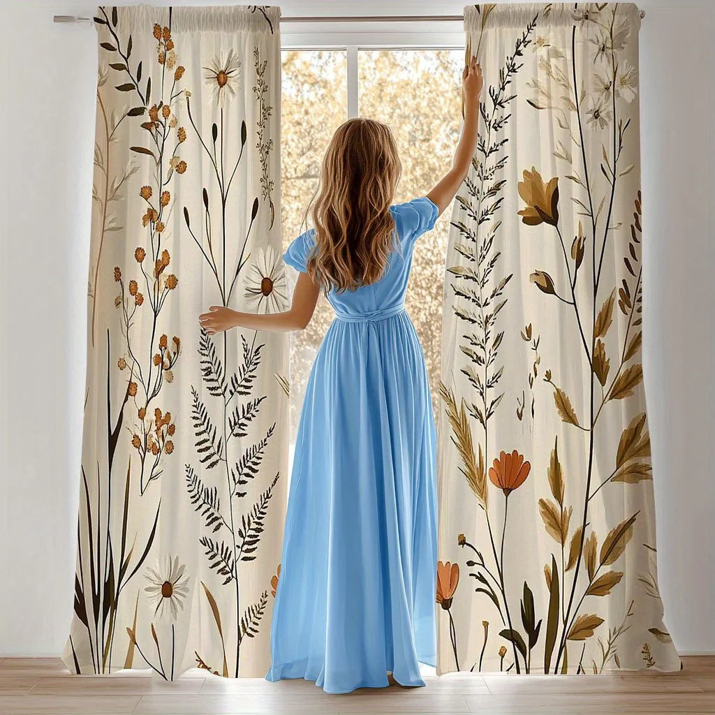 2PCS Digital Printed Curtains, Boho Dried Wildflower Grass Pattern, Neutral Farmhouse Style for Living Room Bedroom Decor