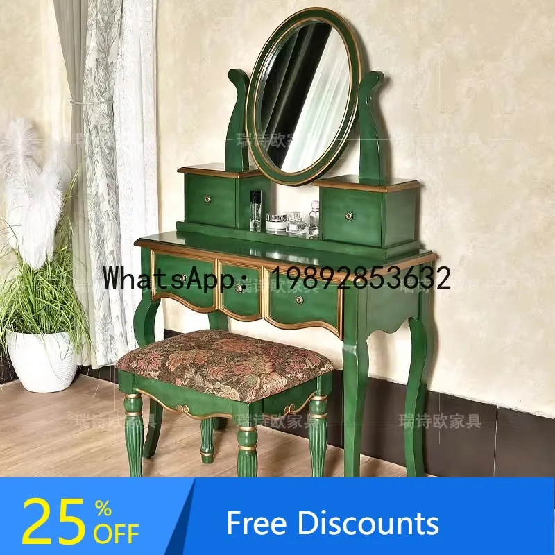 

CZ American Country Style Solid Wood Dressing Table Set with Gold Trim Vintage Storage with Mirror for Small Apartments