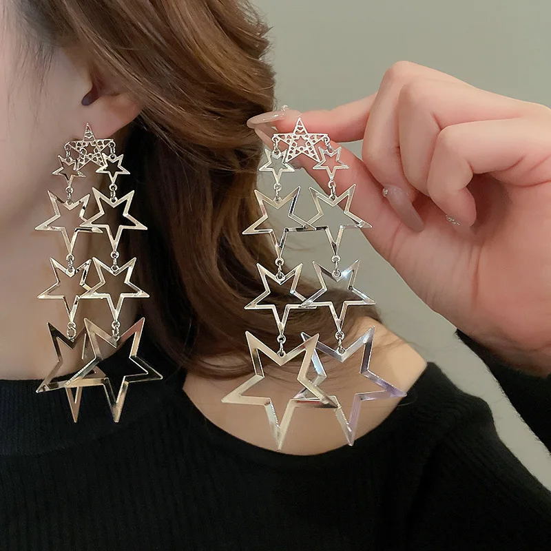 Exaggerated, five-pointed star long fringed silver needle earrings, personalized high-end temperament earrings for women