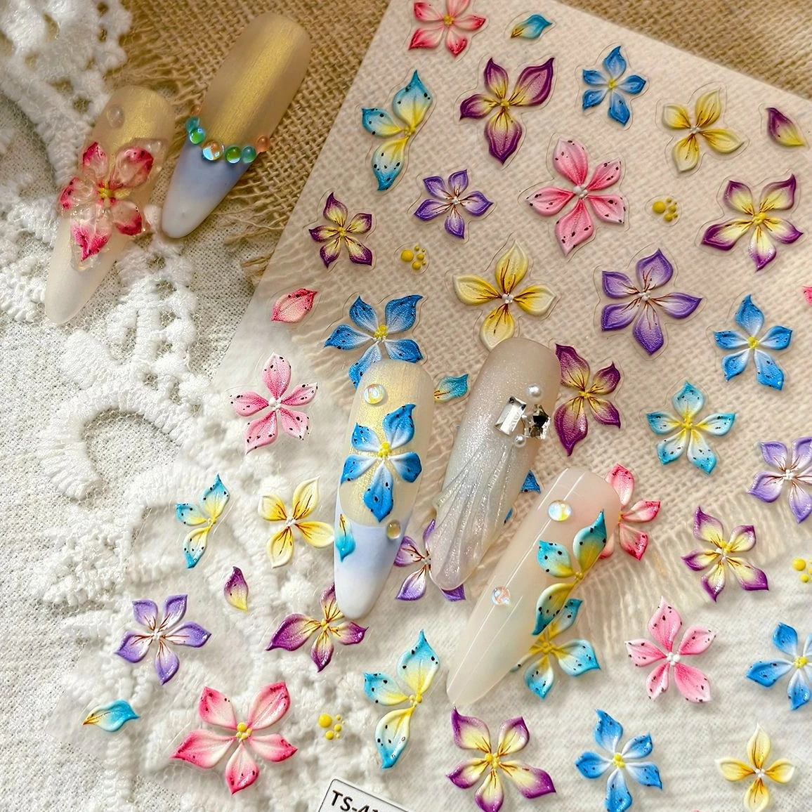 

Colorful Embossed Flower Romantic Blooming Petal Yellow Stamen Jelly Floral Garden Nail Art Decoration Stickers Manicure Decals