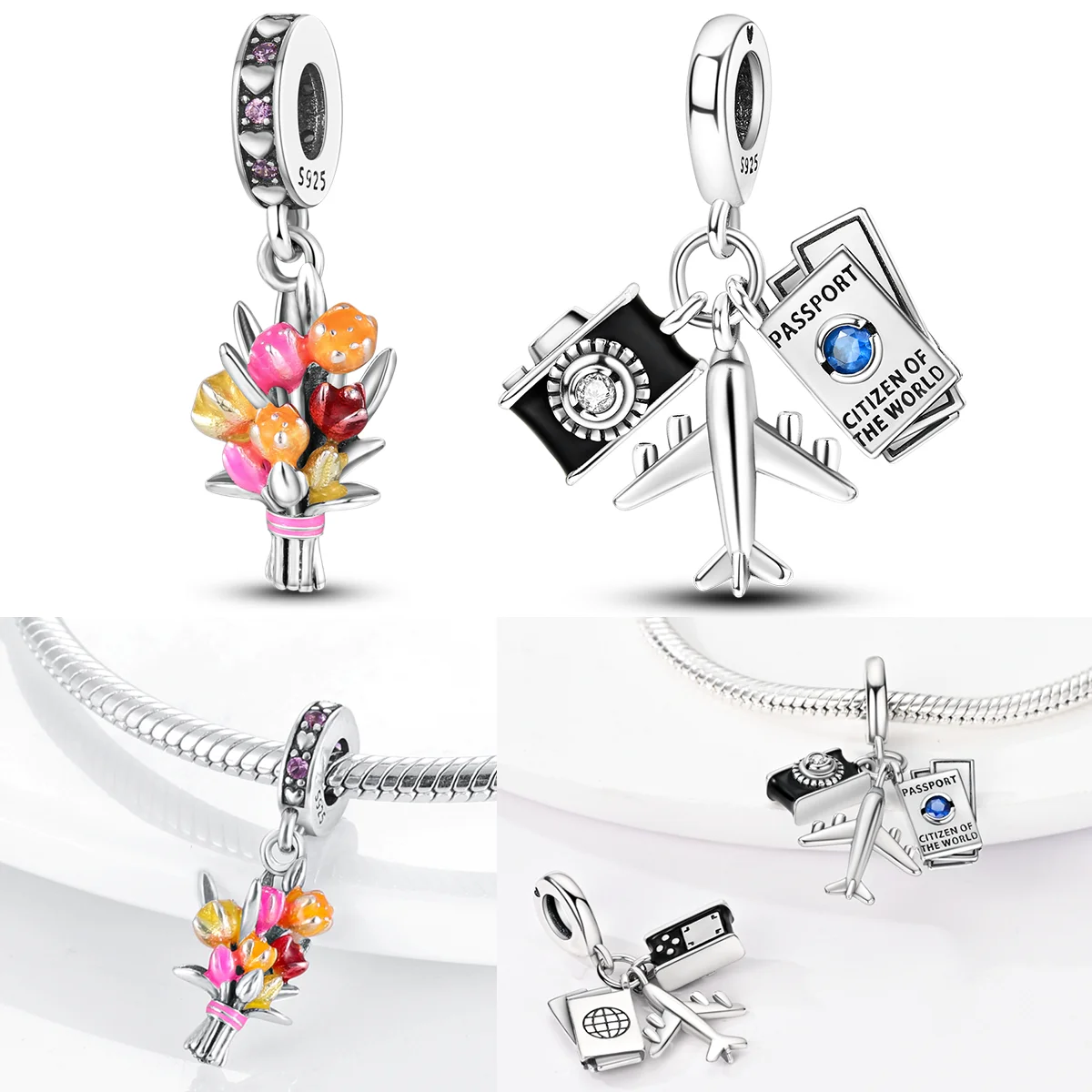 

925 Sterling Silver Cross Charm Bead CZ Zircon Camera Passport Airplane Carnation Dangle Fit Original Bracelet DIY Women Jewelry