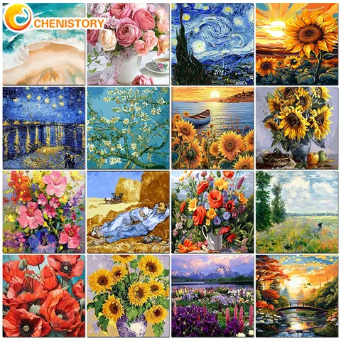 숫자로 CHENISTORY 반 고흐 그림 캔버스에 오일 그림 DIY 키트 숫자로 아크릴 페인트 꽃 색칠 홈 장식 선물