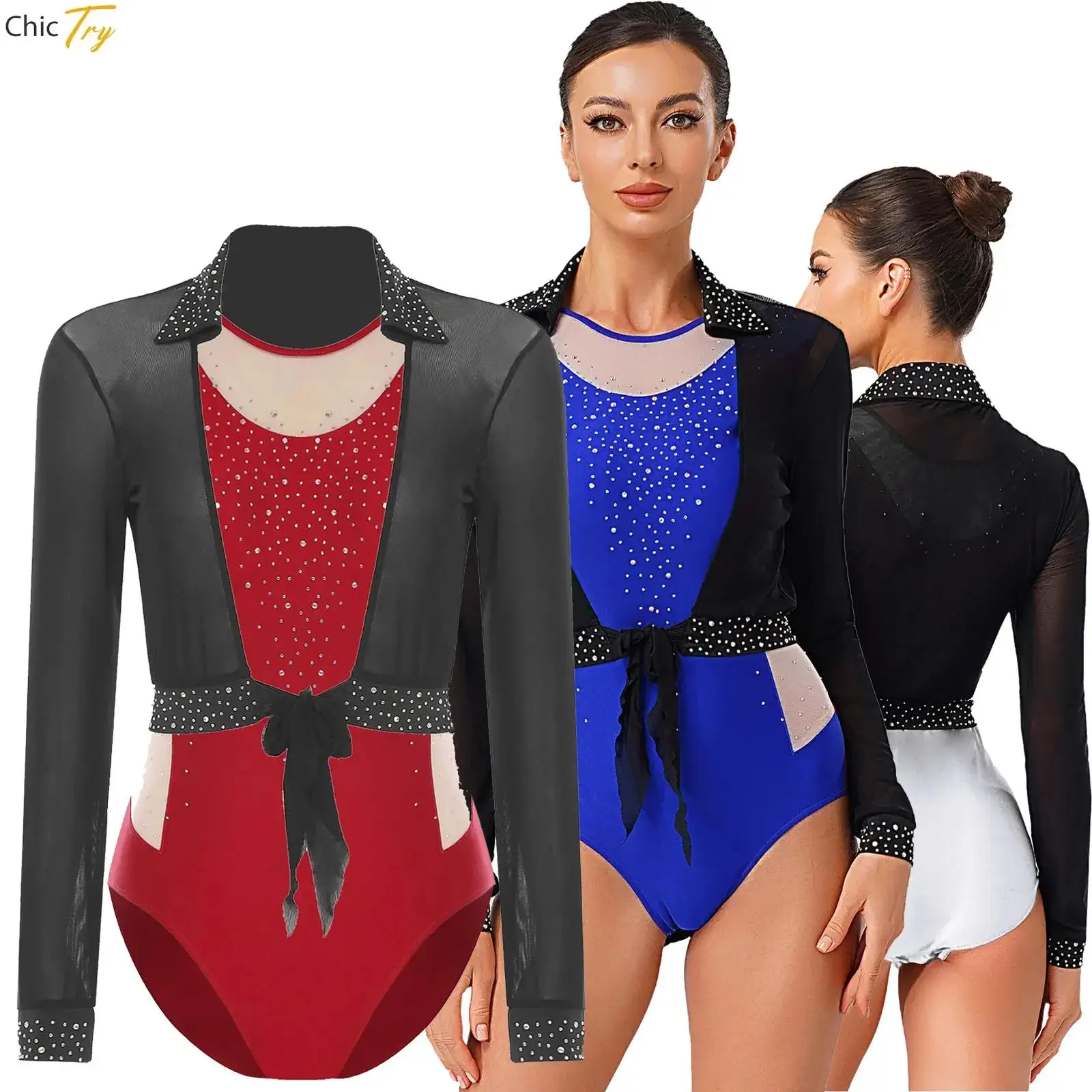 Women Gymnastics Artistic Figure Skating Costume Ballet Jersey Jumpsuit Sparkly Rhinestone Leotard Cardigan Cropped Dance Outfit