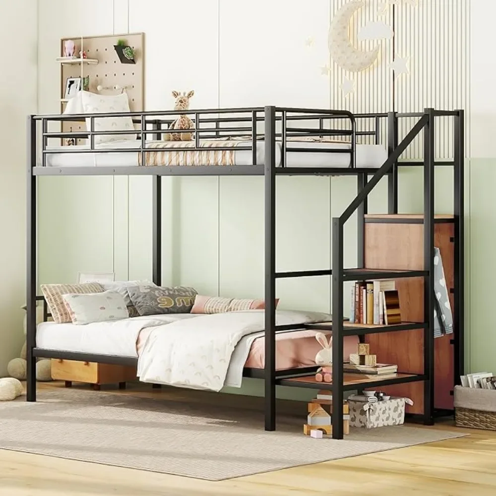 Twin Over Twin Bunk Bed with Stairs and Wardrobe,Metal Bunk Bed Frame Storage Shelves for Kids Industrial Style Bunked Frame