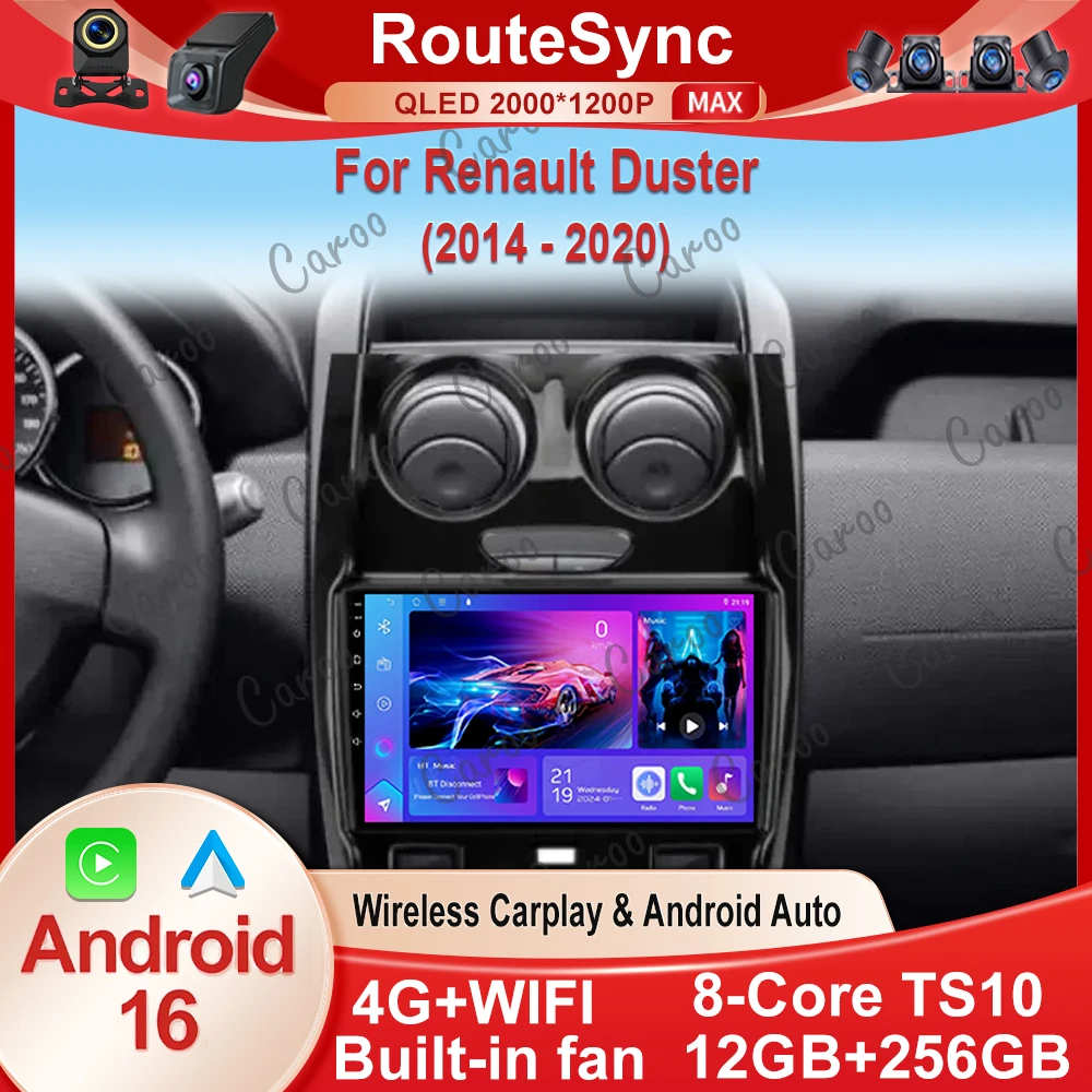 Rádio Automotivo Android 16 Carplay para Renault Duster 2014 2015 2016 2017 -2020 Navegação GPS Reprodutor Multimídia Estéreo WiFi+4G DSP B