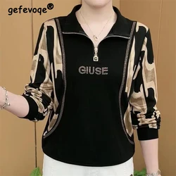 Middle Aged Women Fashion Leopard Plaid Print Patchwork Diamonds T Shirt Ladies Casual Lapel Long Sleeve Half Zipper Loose Tops