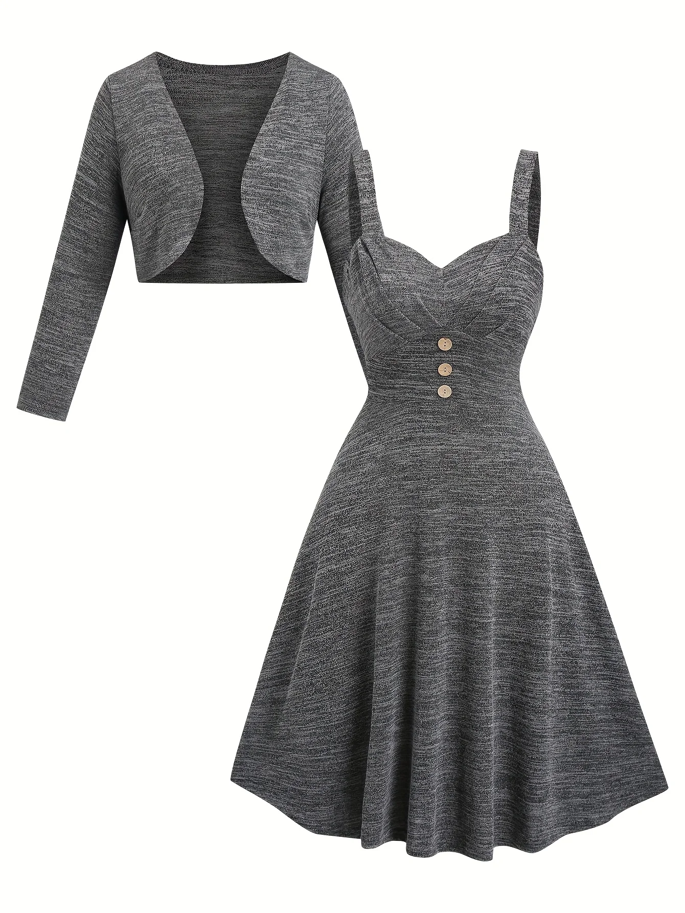 A Two-Piece Set of a Comfortable Dark Grey Cardigan with a Halter Dress for Ladies