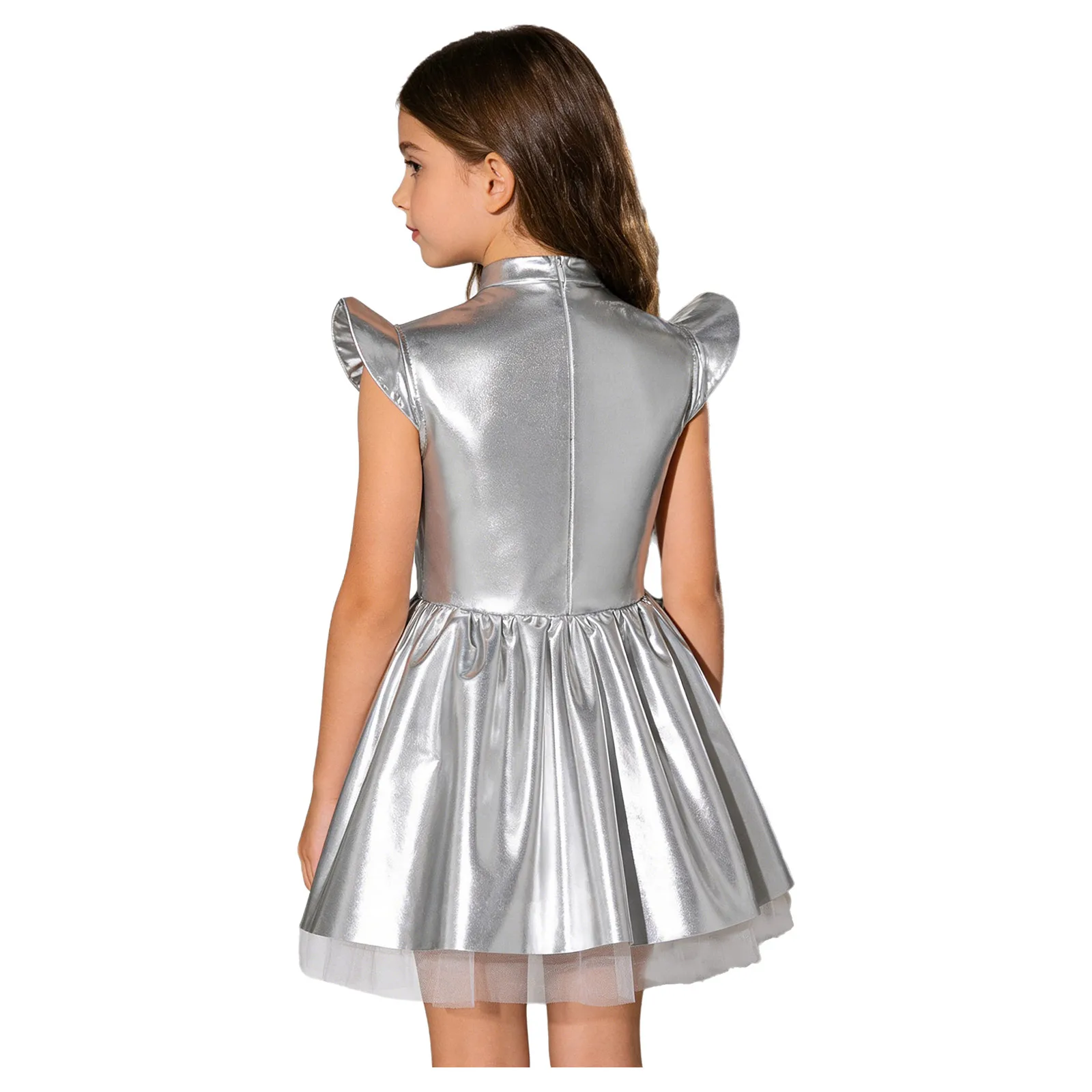 Kids Girls Alien Dress Halloween Astronaut Robot Outer Space Theme Party Dress Up Costume Glossy Metallic Ruffled Tutu Dress